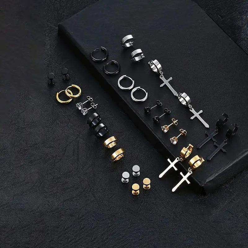 Stainless Steel 15 Pairs Variety Pack Cross Earrings Hoop