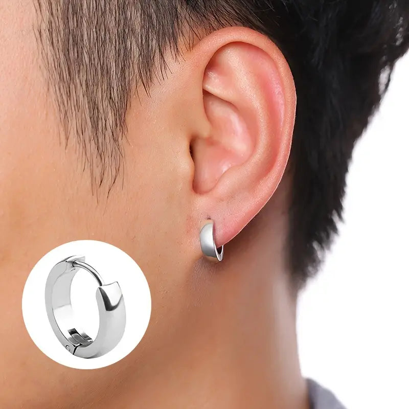 Stainless Steel Men's Small Rounded Huggie Hoop Earrings