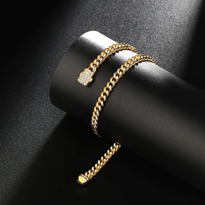 6-14mm Gold Stainless Steel Round Cuban Miami Chains Zircon Box Lock Big Heavy Link