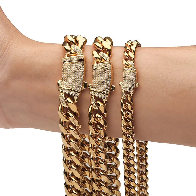Chain - 6-14mm Gold Color Stainless Steel Cuban Miami Chains Necklaces CZ Box Lock