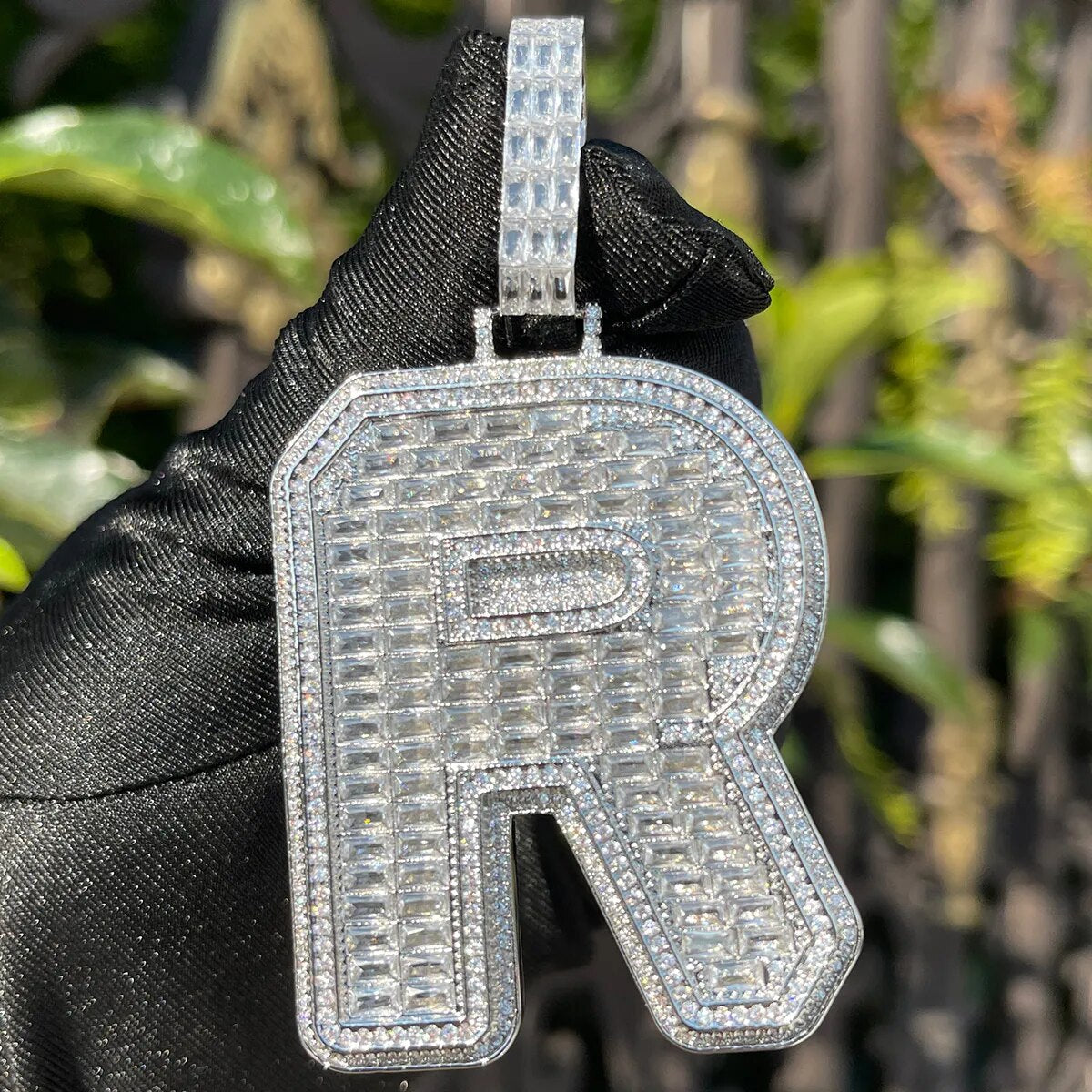 Double Layer Iced Out Baguette Initial Pendant