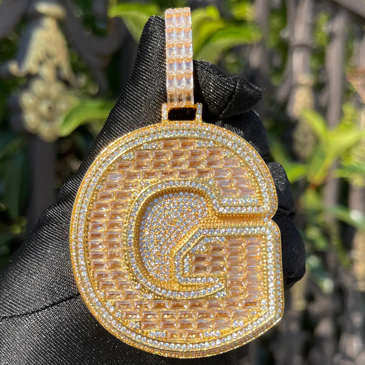 Double Layer Iced Out Baguette Initial Pendant