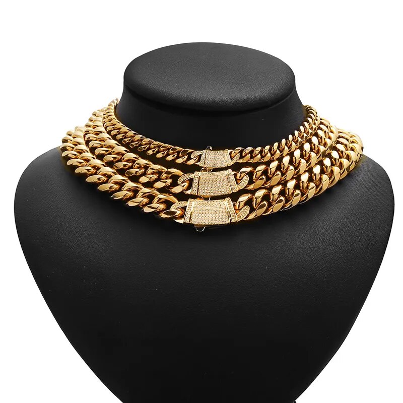 Chain - 6-14mm Gold Color Stainless Steel Cuban Miami Chains Necklaces CZ Box Lock