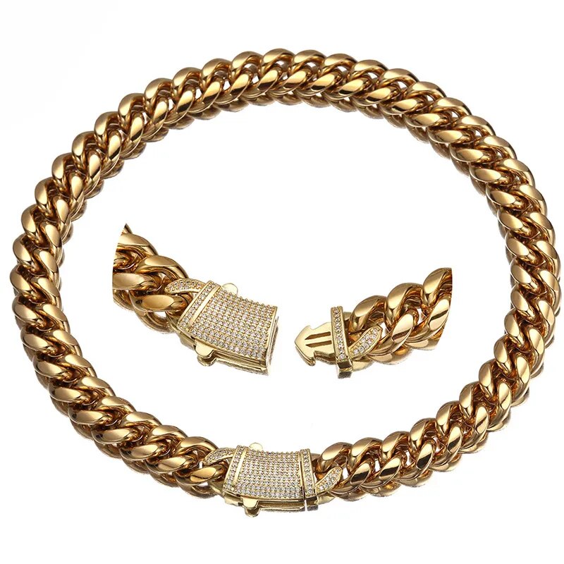 Chain - 6-14mm Gold Color Stainless Steel Cuban Miami Chains Necklaces CZ Box Lock