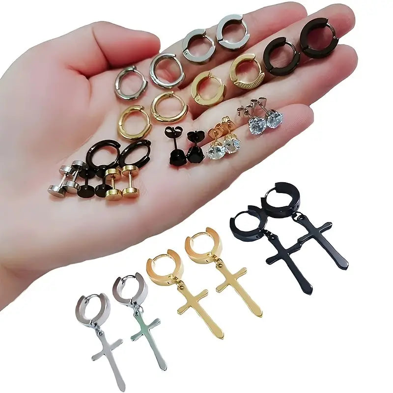Stainless Steel 15 Pairs Variety Pack Cross Earrings Hoop