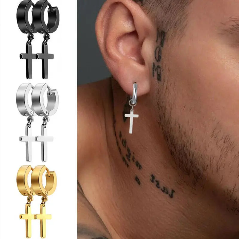 Stainless Steel Cross Hoop Earrings