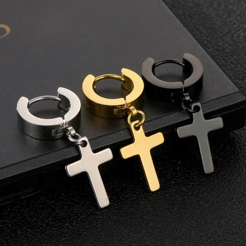 Stainless Steel Cross Hoop Earrings