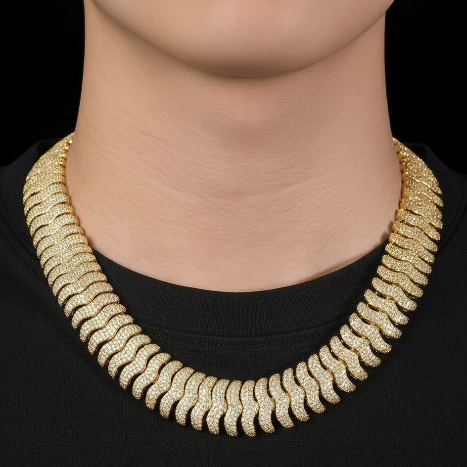 21mm 10K Yellow Gold White Diamond Millipede Cuban Link Choker