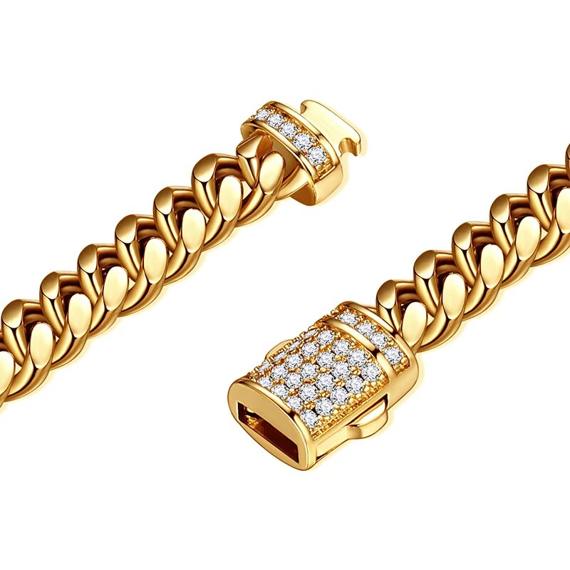 6-14mm Gold Stainless Steel Round Cuban Miami Chains Zircon Box Lock Big Heavy Link