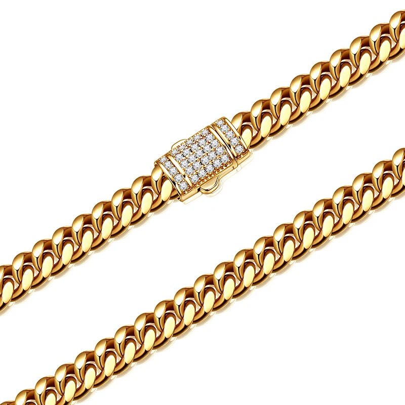 6-14mm Gold Stainless Steel Round Cuban Miami Chains Zircon Box Lock Big Heavy Link