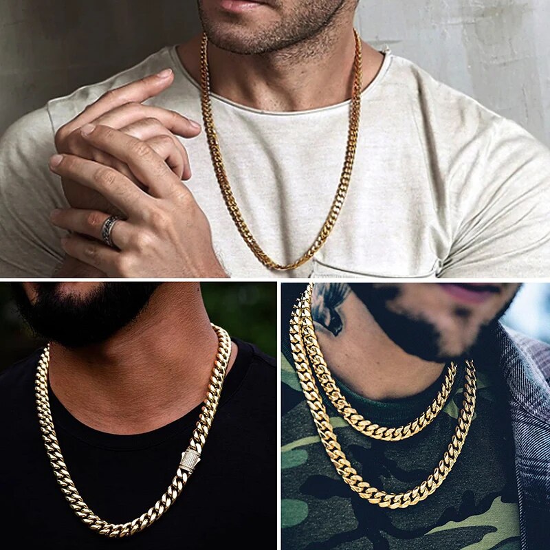 6-14mm Gold Stainless Steel Round Cuban Miami Chains Zircon Box Lock Big Heavy Link
