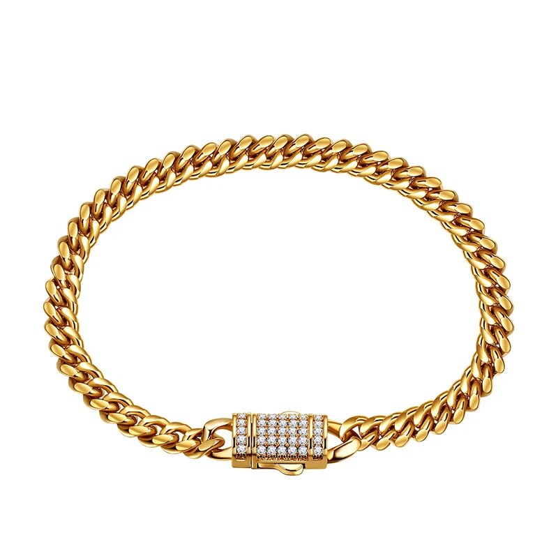 6-14mm Gold Stainless Steel Round Cuban Miami Chains Zircon Box Lock Big Heavy Link
