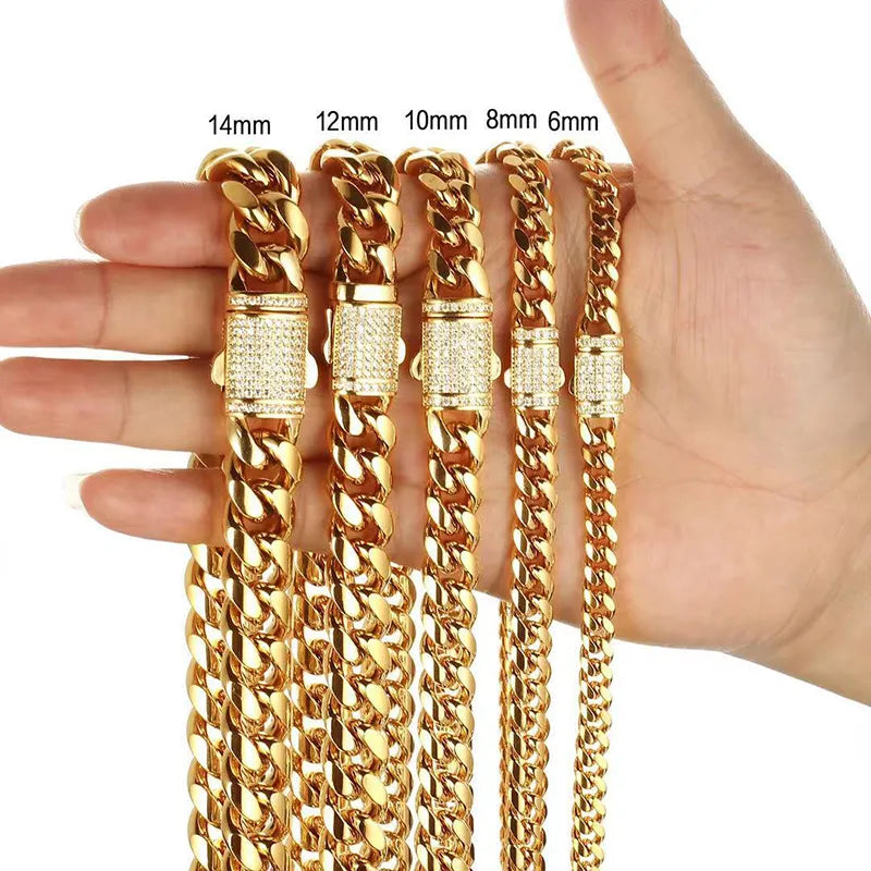 6-14mm Gold Stainless Steel Round Cuban Miami Chains Zircon Box Lock Big Heavy Link