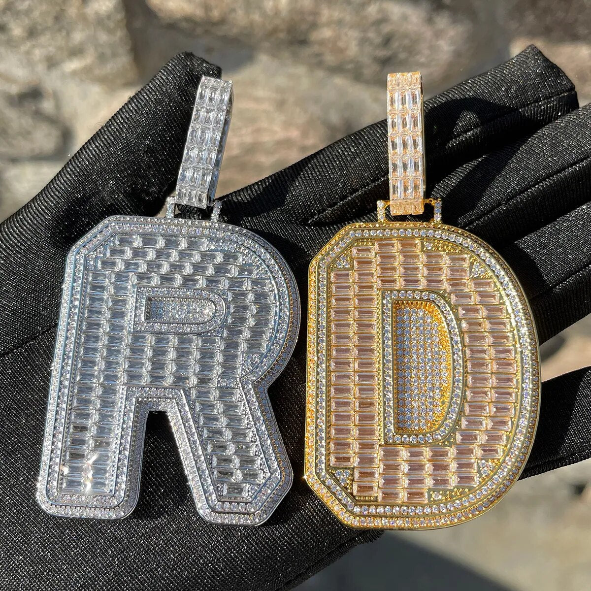Double Layer Iced Out Baguette Initial Pendant