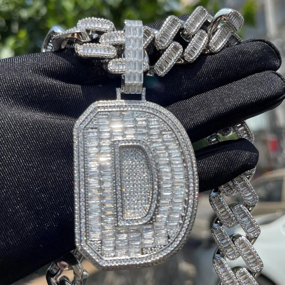 Double Layer Iced Out Baguette Initial Pendant