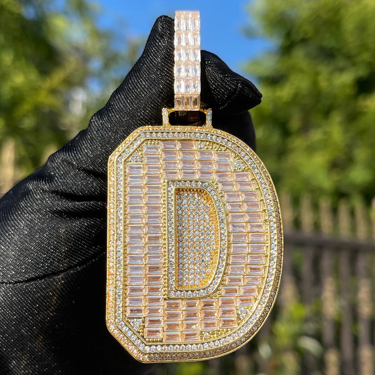 Double Layer Iced Out Baguette Initial Pendant