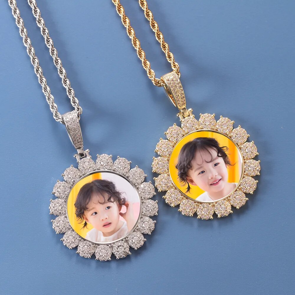 Iced Out Picture Pendant with Flower Bezel for Men & Women