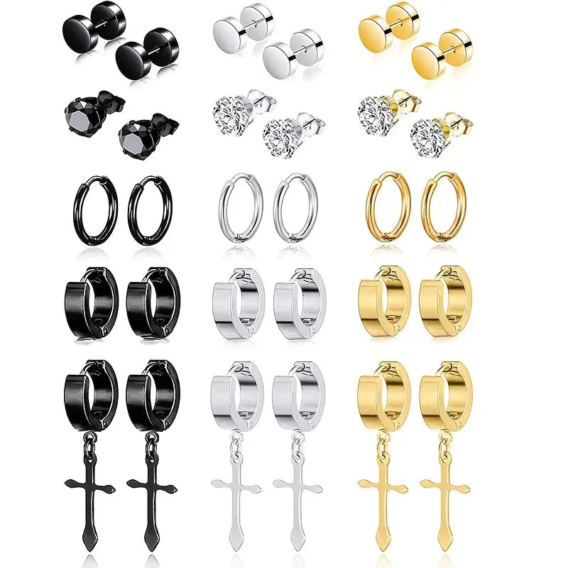 Stainless Steel 15 Pairs Variety Pack Cross Earrings Hoop